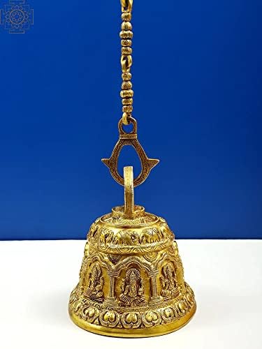 הודו אקזוטית 8 פליז לורד גנשה מקדש פעמון תלוי עם עיצוב פילים | בעבודת יד - פליז - צבע זהב
